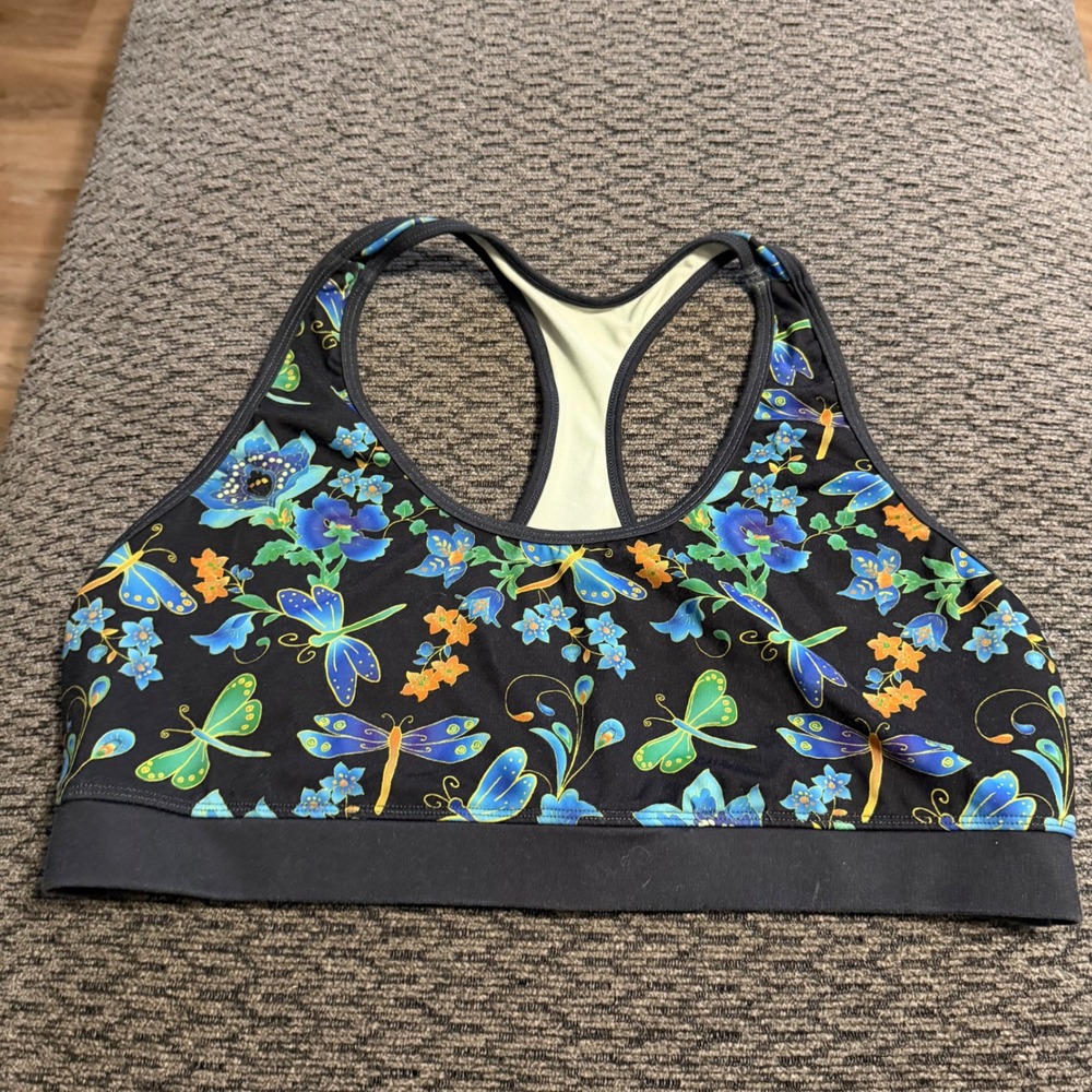 GreaterGood Sports Bra Womens XL Black Dragonfly Floral Print Racerback Stretch
